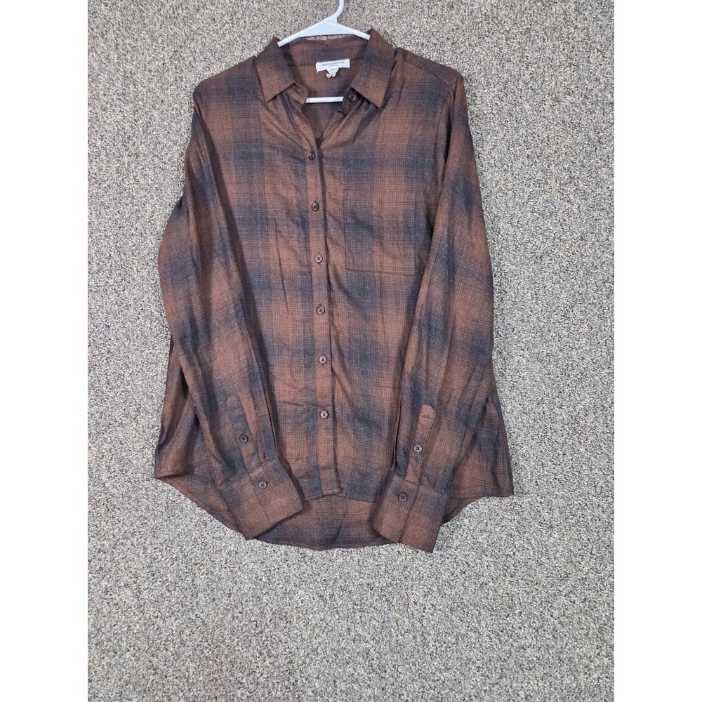 Beach Lunch‎ Lounge Plaid Shirt Women Size M Brown Long Sleeve Button Down